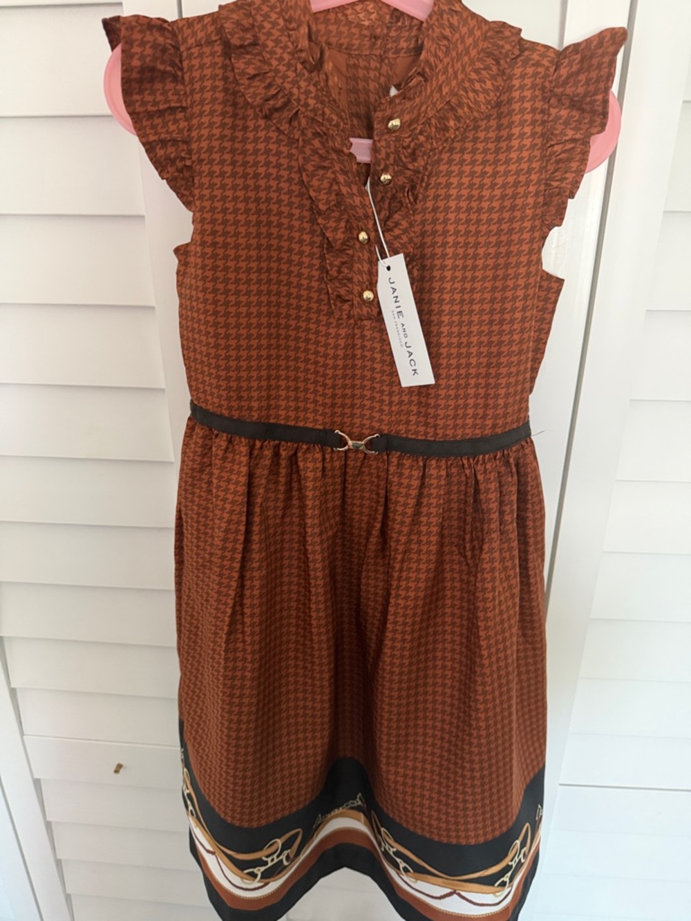 Janie and Jack Rust Houndstooth Ruffle Dress with Black Belt